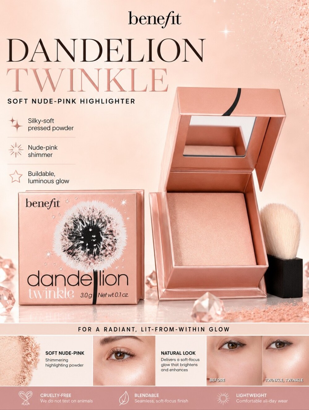 Benefit Dandelion Twinkle Nude-Pink Powder Highlighter & Luminizer – 3.0 g